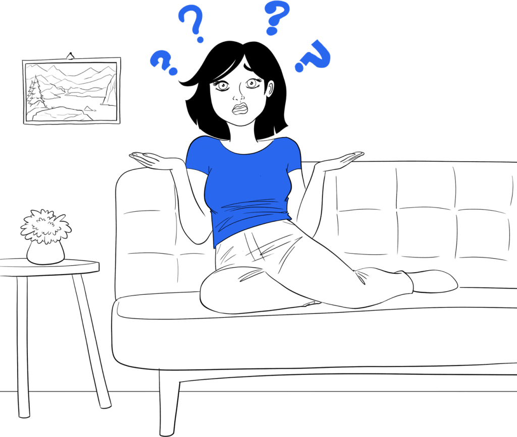 Comment savoir si on a du caséum ? Illustration d'une femme sur un canapé entourée de points d'interrogation.
