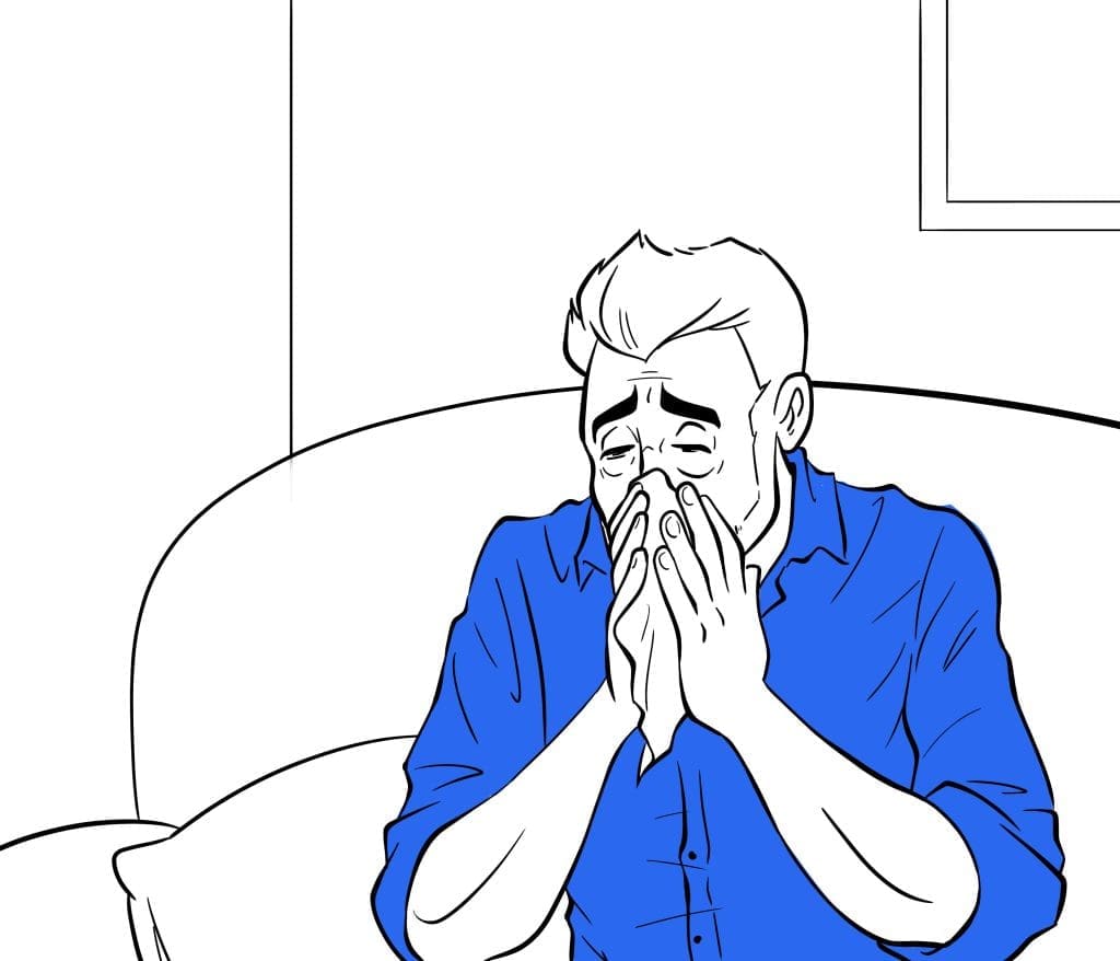 sinus-infection-tonsil-stones-relationship man-with-sinus-infection-blowing-nose-while-trying-to-deal-with-tonsil-stones