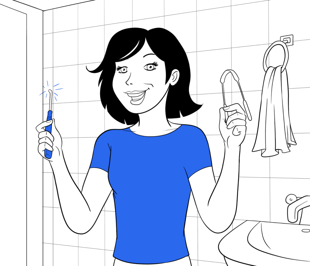 Can you prevent tonsil stones? Illustration showing a woman in a bathroom holding oral hygiene tools. 