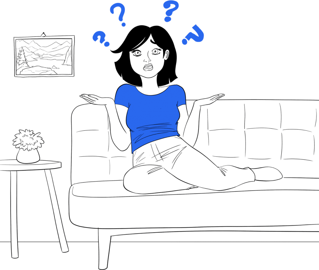 What are the signs of tonsil stones? Illustration of a woman on a sofa surrounded by question marks. 